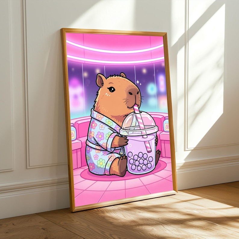 Capybara Art Print – Minimalist, Floral Pajama, Purple Bubble Tea Scene image 5