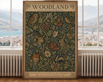 Estampado Woodland de William Morris – Estilo Arts and Crafts, Azul verdoso, Azul marino, Verde salvia