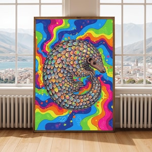 Pangolin Art Print – Minimalist Style, Multicolor Scales, Bright Rainbow Background