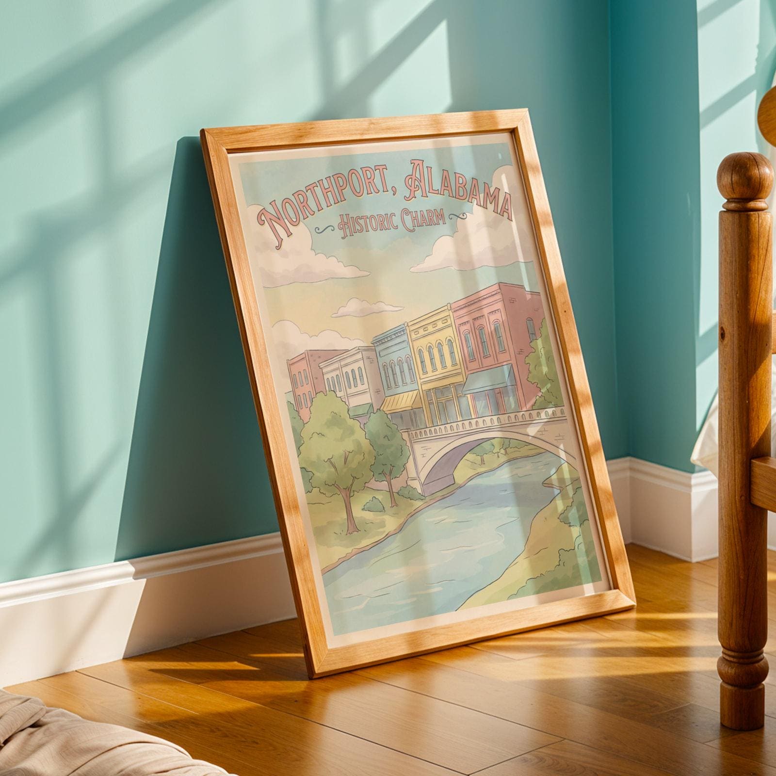 Northport Alabama Poster - Modern Hand-drawn Pastel, Light Blue