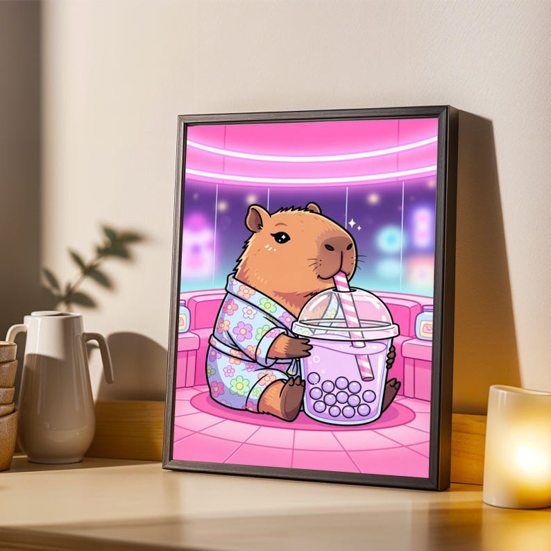 Capybara Art Print – Minimalist, Floral Pajama, Purple Bubble Tea Scene image 1