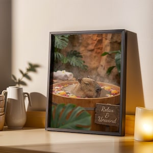 Capybara Relaxing in Spa Tub Poster - Modern Photo-Real, Brown and Green