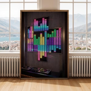 May include: A framed artwork featuring multiple screens displaying colorful equalizer graphics. Below, a DJ setup with turntables and a mixer is visible. The artwork is set against a textured wall, with a window offering a scenic view.
