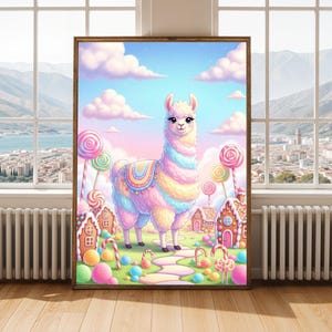 Llama Art Print – Pastel Dreamscape, Llama in Candyland, Mixed Media