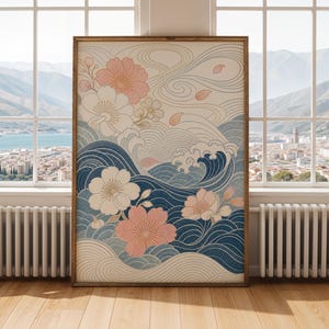 Japan Abstract Floral Waves Poster - Modern Dotwork, Navy Blue and Cream Tones