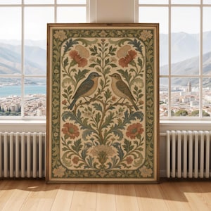 William Morris Poster Print Songbirds Poster - Modern Ornamental Linework, Sage Green and Cream Tones