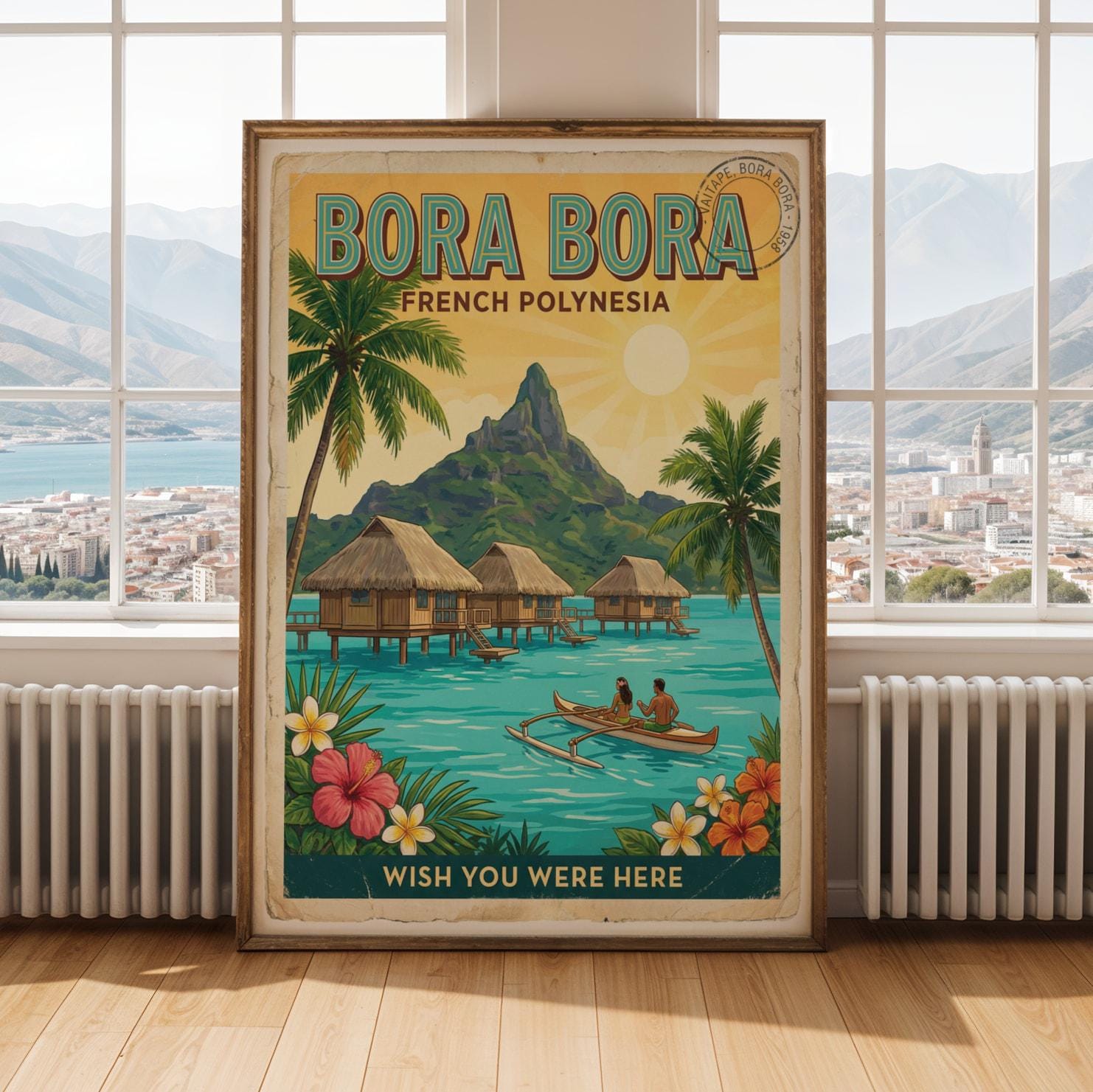 Bora Bora Poster - Retro Travel Postcard Illustration, Turquoise And Teal