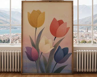 Tulips Poster - Modern Mustard Gold and Terracotta Red Dotwork Abstract Floral