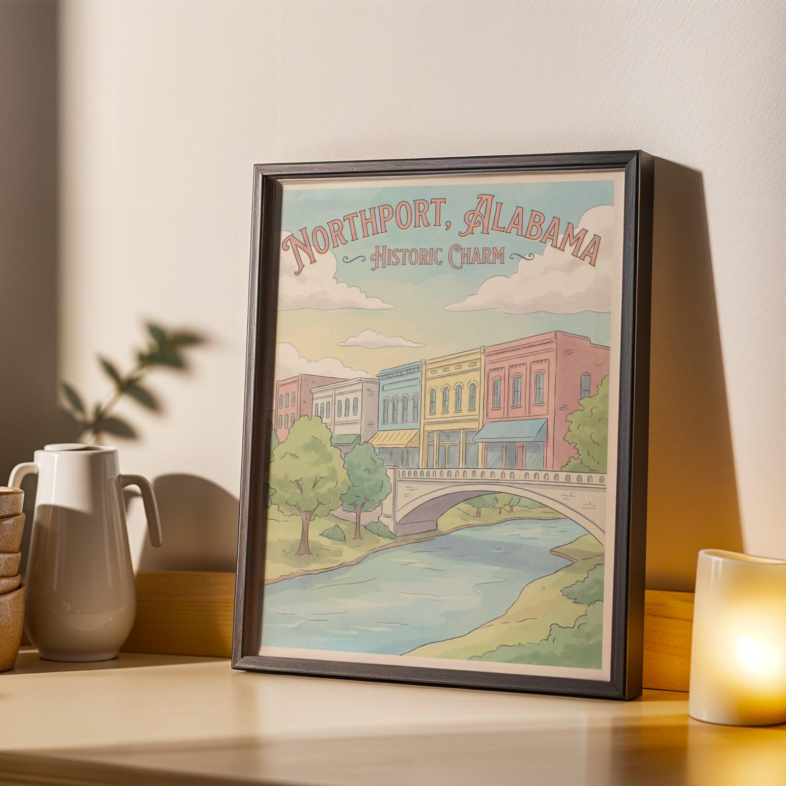 Northport Alabama Poster - Modern Hand-drawn Pastel, Light Blue