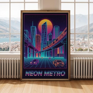 Neon Metro Poster - Modern Synthwave, Cyan and Magenta
