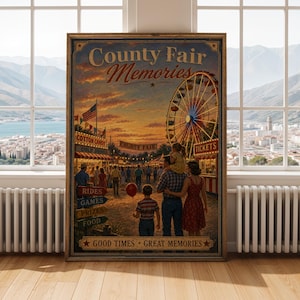 May include: A rectangular wall art print titled County Fair Memories featuring a sunset scene at a fairground with a large illuminated Ferris wheel, a crowd of people, a red balloon, and directional signs for rides, games, prizes, and food.