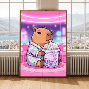 Capybara Art Print – Minimalist, Floral Pajama, Purple Bubble Tea Scene image 2