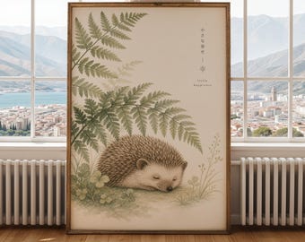Hedgehog Beneath Fern Leaves Poster - Modern Watercolor, Sage Green and Cream Tones