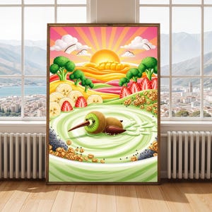 Kiwi-bird Art Print – Vintage Travel Style, Green Swirl Kiwi, Bright Palette