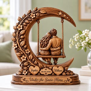 May include: A brown wood-toned sculpture of a crescent moon decorated with carved flowers and three stars. A couple sits on a swing suspended from the moon. Two heart-shaped plaques are engraved with "Sophia" and "William" and a date "06.06.2026". The base reads "Under the Same Moon".