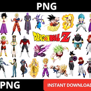 Puede incluir: Una colección de ilustraciones coloridas de personajes de Dragon Ball Z. La imagen incluye varios personajes en poses dinámicas, con el logotipo de Dragon Ball Z y el texto "PNG" en la parte superior e inferior. La esquina inferior derecha tiene el texto "INSTANT DOWNLOAD".