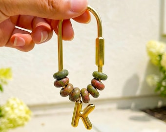 Custom Initial Bag Charm, Natural Stone Beaded Keychain, Gold Letter Keyring, Personalized Purse Accessory, Bridesmaid Gift