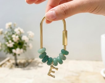 Personalized Stone Initial Keychain, Custom Gold Letter Bag Charm, Bridesmaid Gift for Her, Natural Green Stone Backpack Accessory, Mom Gift