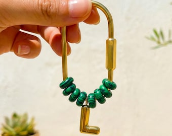 Malachite Beaded Initial Keychain, Custom Gold Letter Bag Charm, Personalized Name Keyring, Bridesmaid Gift, Natural Stone Purse Charm
