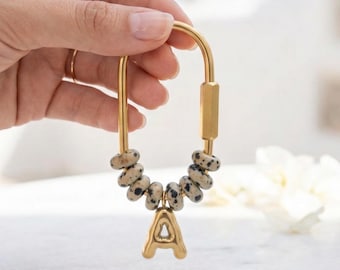 Beaded Custom Initial Gold Letter Natural Stone Bag Charm, Personalized Name Keychain, Bridesmaid Gift, gift for mom