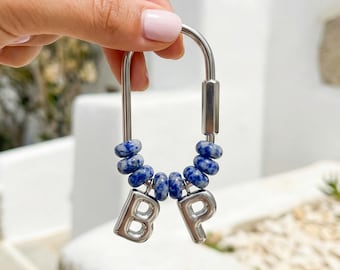 Personalized Stone Initial Bag Charm, Silver Letter Keychain, Custom Beaded Carabiner Accessory, Bridesmaid Proposal Gift