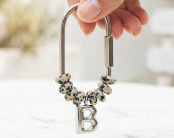 Custom Beaded Natural Stone Initial Bag Charm, Silver Plated Charm Accessory, Bridesmaids Gift