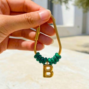 Personalized Initial Keychain, Malachite Beaded Letter Charm, Gold D-Ring Keyring, Green Stone Bag Charm, Custom Gift for Her
