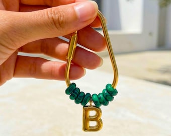 Personalized Initial Keychain, Malachite Beaded Letter Charm, Gold D-Ring Keyring, Green Stone Bag Charm, Custom Gift for Her
