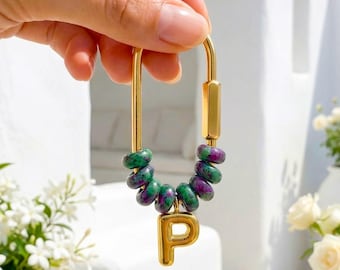 Personalized Initial Stone Keychain, Gold Beaded Letter Charm Ring Keyring, Custom Bridesmaid Gift, Natural Stone Bag Charm Accessory