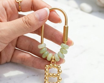 Personalized Gold Initial Bag Charm, Green Natural Stone Letter Keychain, Custom Bridesmaid Gift, Backpack Accessory for Mom