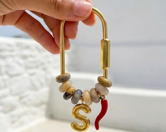 Custom Initial Gold Letter S Bag Charm, Mixed Natural Stone Bead Keychain, Personalized Lucky Chili Pendant Bridesmaid Gift for Her