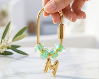 Custom Gold Initial Keychain, Green Acrylic Beaded Bag Charm, Personalized Carabiner Keyring, Bridesmaid Gift, Gift for Mom