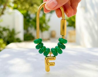 Mala Green Beaded Initial Keychain, Gold Carabiner Keyring, Custom Letter Purse Charm, Personalized Birthday, gift for mom