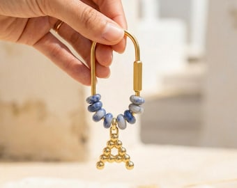 Personalized Gold Initial Bag Charm, Natural Stone Beaded Letter Keychain, Custom Bridesmaid Gift, Backpack Accessory, Gift for Mom