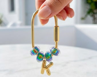 Custom Gold Initial Keychain, Acrylic Beaded Bag Charm, Personalized Carabiner Keyring, Bridesmaid Gift, Gift for Mom