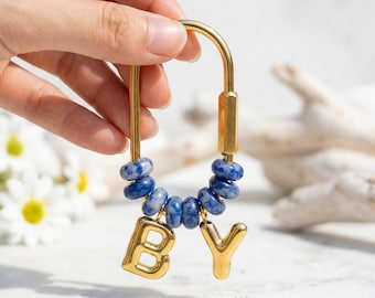 Custom Gold Initial Bag Charm, Natural Stone Beaded Letter Keychain, Personalized Bridesmaid Gift, Purse Accessory, Gift for Mom