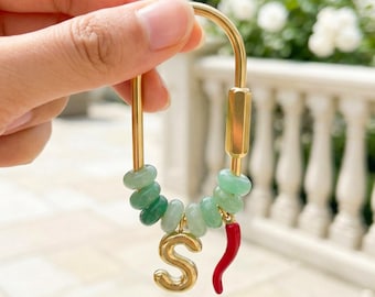 Custom Gold Initial Natural Stone Bag Charm, Beaded Personalized Keychain with Lucky Chili Pendant, Bridesmaid Gift