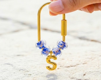 Personalized Gold Initial Bag Charm, Blue Beaded Custom Letter Keychain, Backpack Accessory, Bridesmaid Gift for Mom
