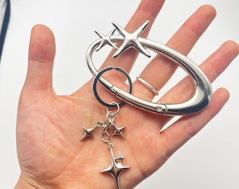 Y2K Chrome Star Carabiner Clip, Grunge Silver Keychain, Punk Bag Charm, Belt Loop Accessory