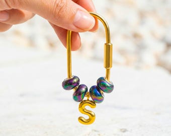 Iridescent Bead Custom Initial Bag Charm, Gold Letter Personalized Keychain, Bridesmaid Gift, Gift for Mom