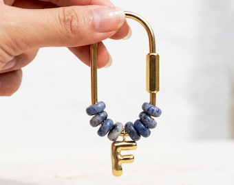 Personalized Beaded Gold Initial Natural Stone Letter Bag Charms, Custom Bridesmaid Gift, Backpack Accessory, gift for mom