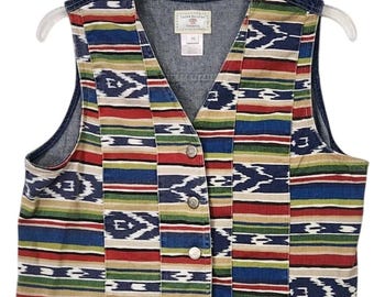 VTG 90s Aztec Print Denim Vest – Boho Western Festival Style (Size PS)