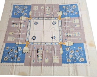 Vintage Tablecloth Cottage Grandma Square Country Blue White Forks Spoons Stains