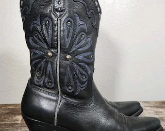 Ariat Women Boots 7 Black Stud Blue Embroidered Western Cowboy Cowgirl Country