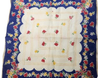 Pañuelo vintage de los años 60 con estampado floral colorido y borde enrollado a mano. Bufanda de bolsillo para novia.