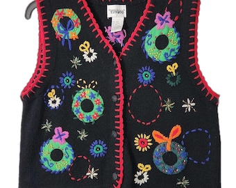 VTG 90年代 クリスマス セーター ベスト リース ダサいパーティー おばあちゃん 先生 アーティスティック Y2K LG