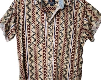 Camicia vintage Ralph Lauren da uomo, taglia L, anni '90, fantasia funky, abbottonatura frontale, maniche corte, stile tribale.