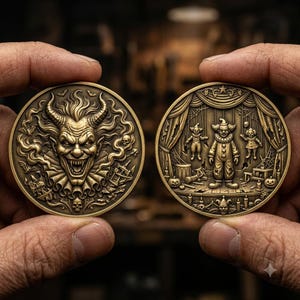 demon clown, puppet coin, circus token, spooky coin, horror prop, goth token, dark gift, evil clown, pocket piece, artifact, novelty