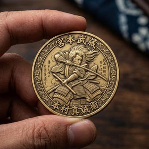 May include: A circular brass-toned metal coin featuring a relief engraving of a samurai warrior with long flowing hair holding a sword. The coin includes Japanese kanji characters and a decorative border of cherry blossom motifs around the edge.