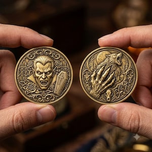 May include: Two circular brass-toned metal coins featuring detailed relief engravings. One coin depicts a vampire face with a coffin and roses, while the other shows a howling werewolf with a large clawed hand, a full moon, and a skull motif.